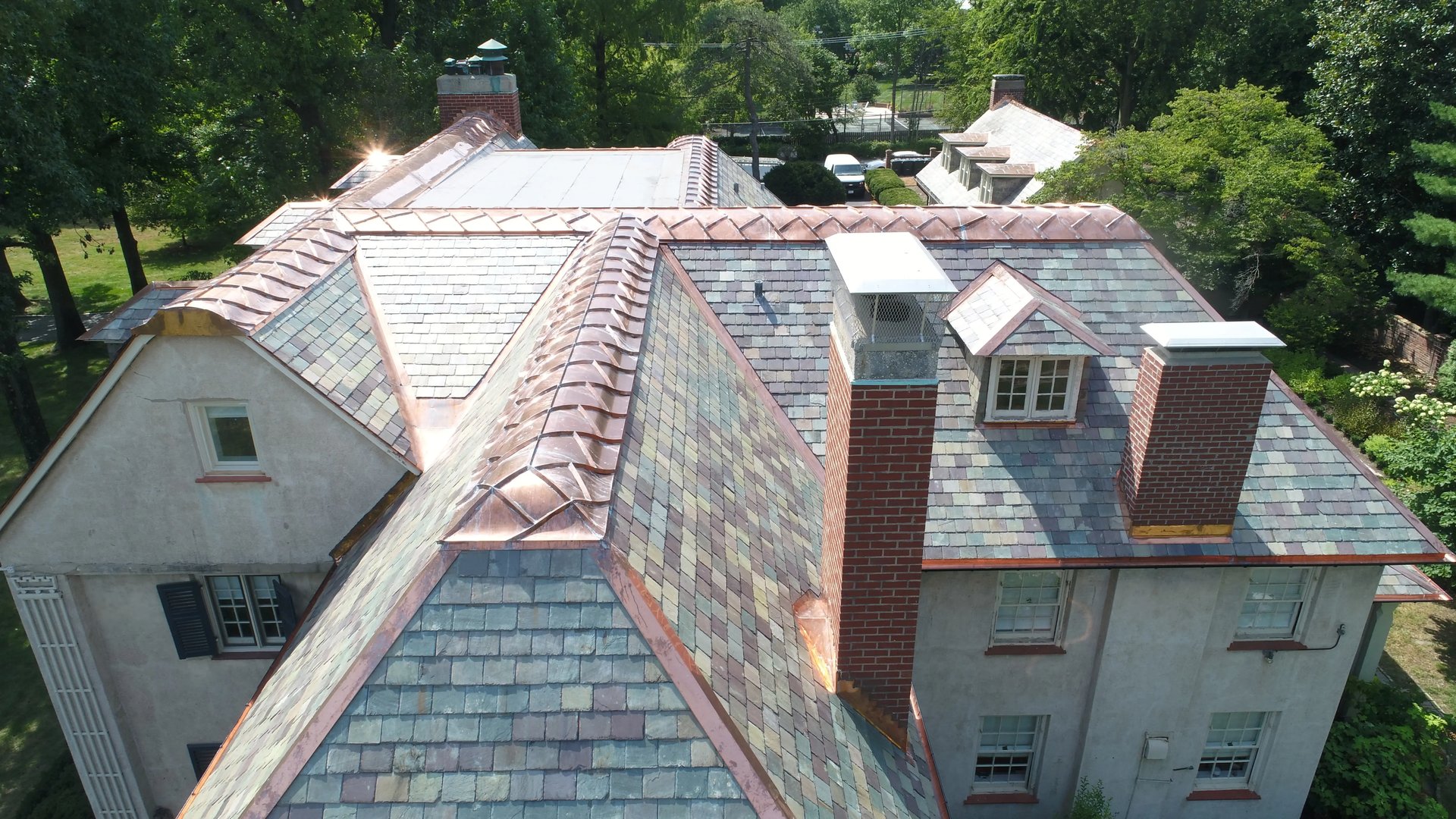 Architectural sheet metal on the roof of a historic property